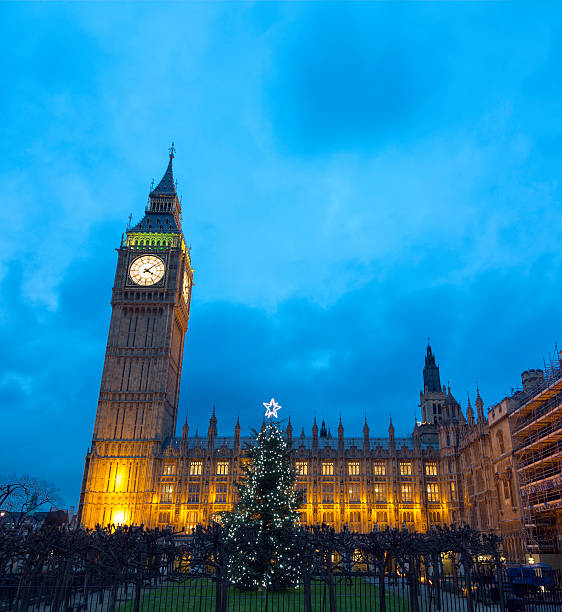 istock Big Ben in London with Christmas tree at dusk 181068182