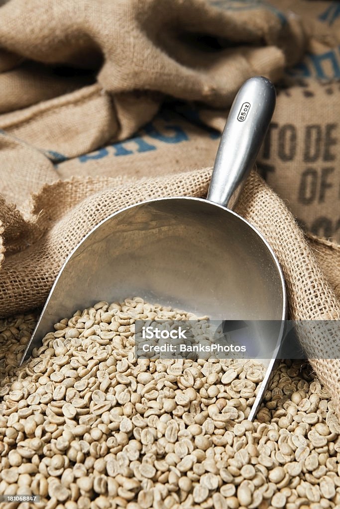 Rundhalsausschnitt mit grüner Kaffeebohnen in Sack - Lizenzfrei Kaffee - Getränk Stock-Foto