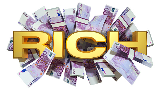 Euro  notes spread behind 3D golden Rich text. 3d text in front of of bank notes.3d rendering