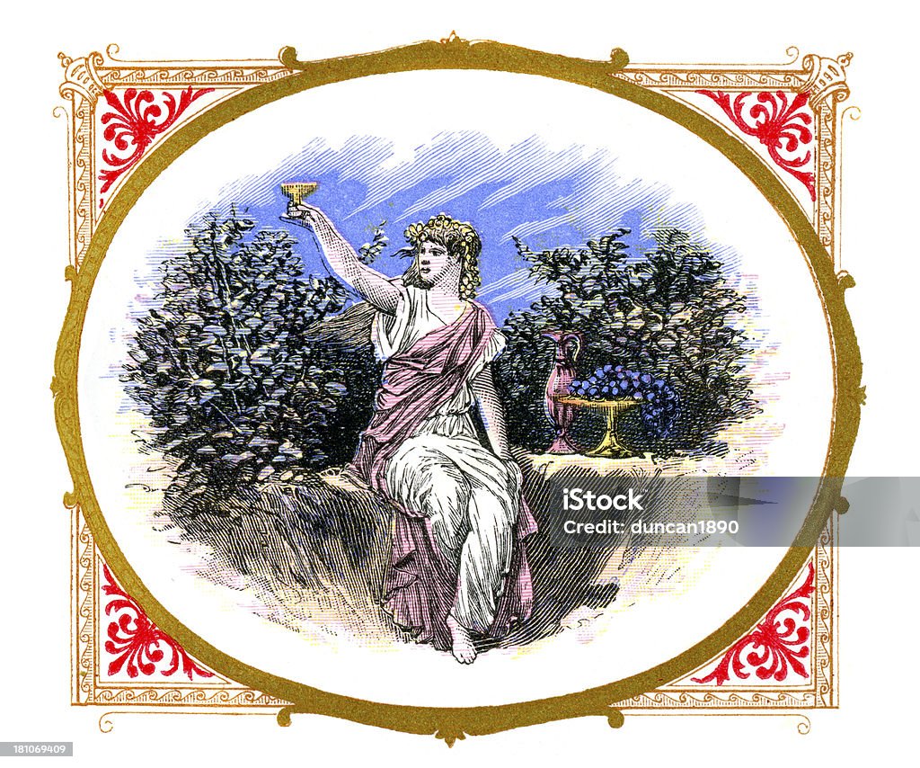 Phyllis Vintage lithograph from 1883 showing Phyllis a scene from the works of the the ancient roman poet Horace Wine stock illustration