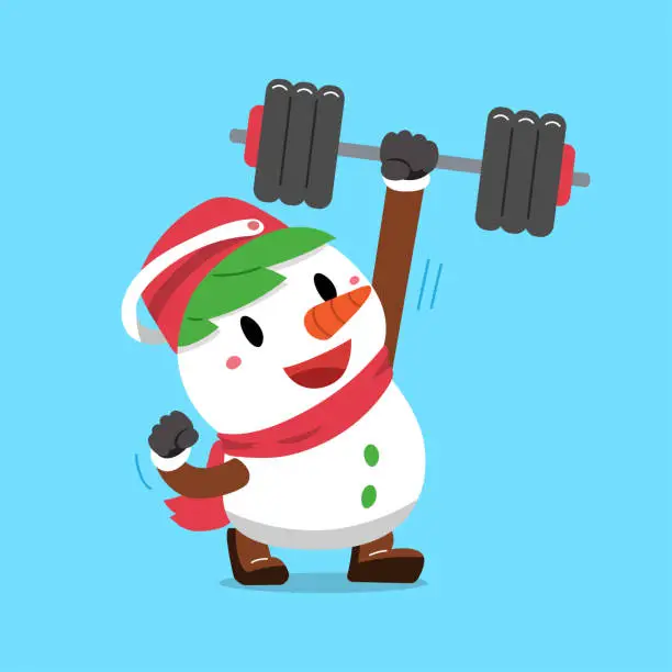 Vector illustration of Cartoon character christmas snowman doing weight training