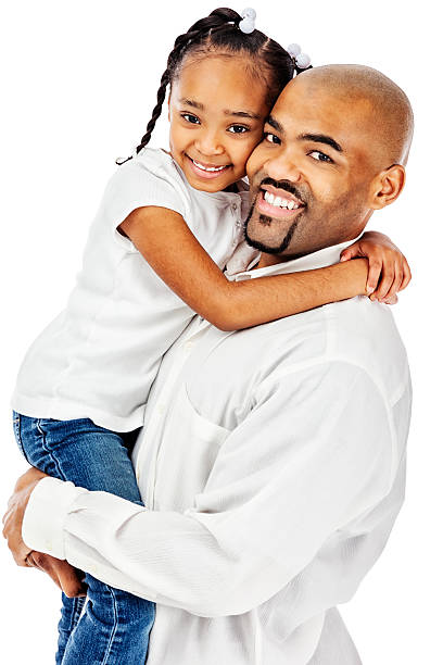 African American Father and Daughter "Portrait of an African Amerian man holding his daughter, cheek to cheek; isolated on white." cheek to cheek photos stock pictures, royalty-free photos & images