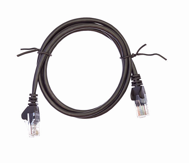 czarny kabel lan z korka na białym tle - computer cable nobody rj45 network connection plug zdjęcia i obrazy z banku zdjęć