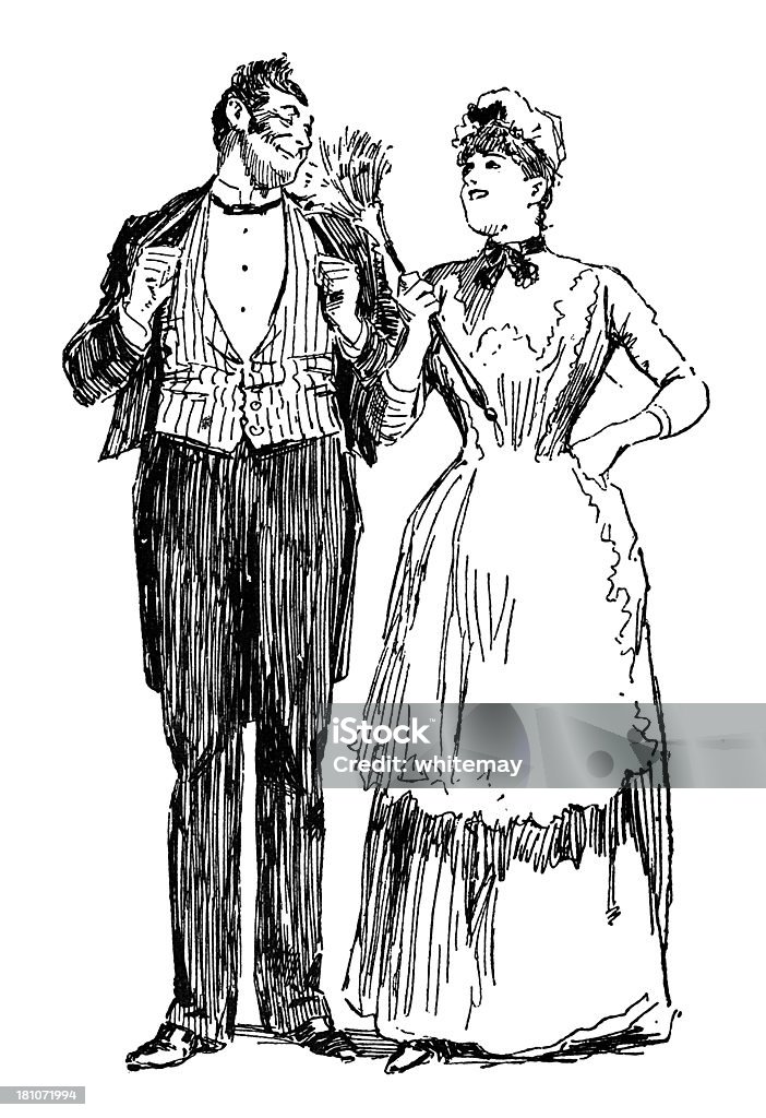 Victorian housemaid coquetear con el lacayo - Ilustración de stock de 1890-1899 libre de derechos