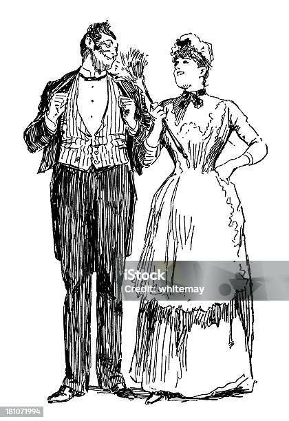 Victorian Housemaid Flirter Avec Le Valet De Pied Vecteurs libres de droits et plus d'images vectorielles de 1890-1899 - 1890-1899, Acteur, Activité