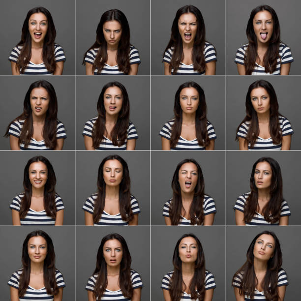 istock Young beautiful woman making various facial expressions, studio shot 181072083