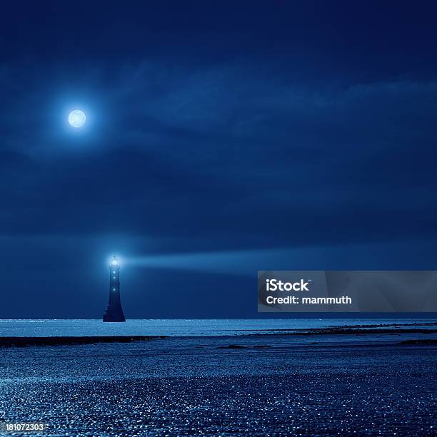 Lighthouse The Night Stock Photo - Download Image Now - Lighthouse, Night, Moon