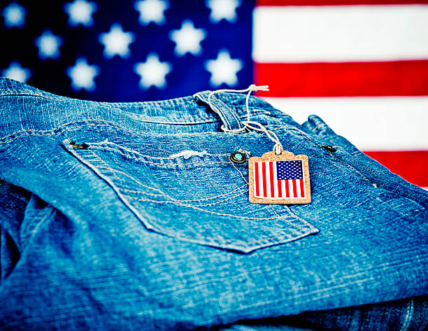 Jeans with American flag label to portray American-made goods