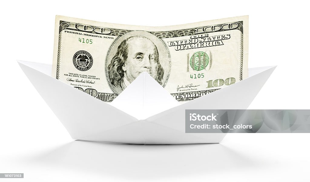 dollars in paper boat 100 dollars in paper boat on white background, American One Hundred Dollar Bill Stock Photo