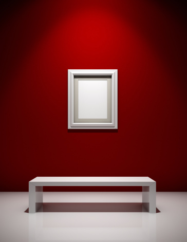 Empty picture frame on red wall with white bench. 3d render.