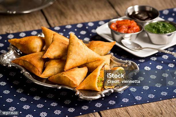 Vegetarian Samosas With Chutney Stock Photo - Download Image Now - Samosa, Indian Food, Vegetarian Food