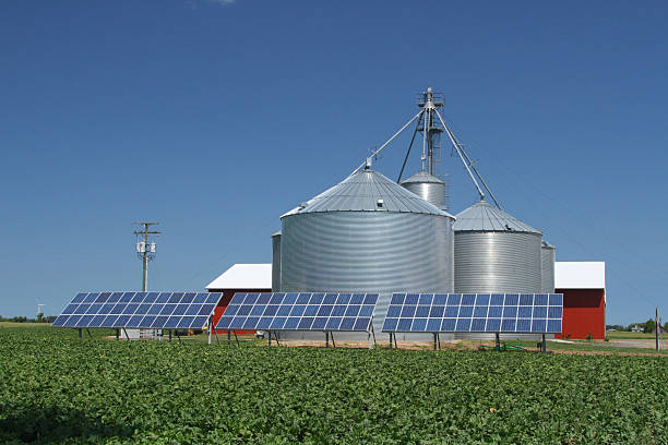Solar panels near farm grain bins. Electricity Power Generator. Michigan. "Solar panels near farm grain bins with distant windmill at left. Electricity as alternate farmers income. Palms, Michigan, United States. Solar Panels for Electric power generation." michigan farmland stock pictures, royalty-free photos & images