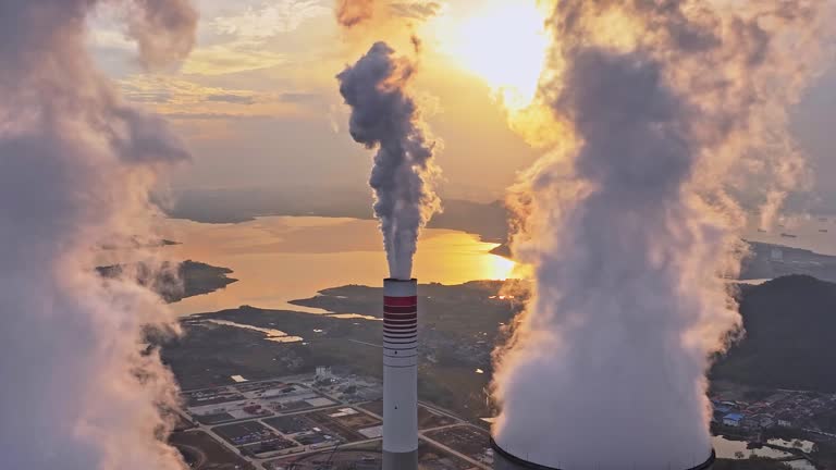 Aerial photography of thermal power plants and cooling towers