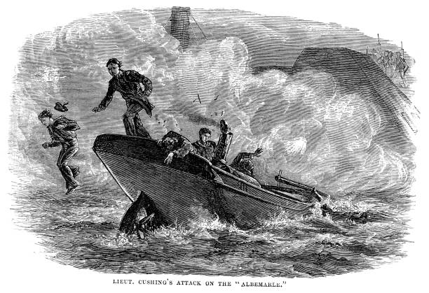 William B. Cushing attack on the Albemarle Vintage engraving showing William B. Cushing's attack on the Confederate ironclad CSS Albemarle during a daring nighttime raid on 27 October 1864 sinking ship pictures pictures stock illustrations
