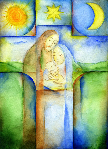 Holy Family "Holy Family: watercolor painting by my wife, Gabi Kiss. Property release attached." mom child painting stock illustrations