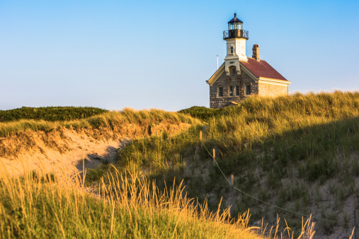 A view of the North Light on Block Island in the late afternoon