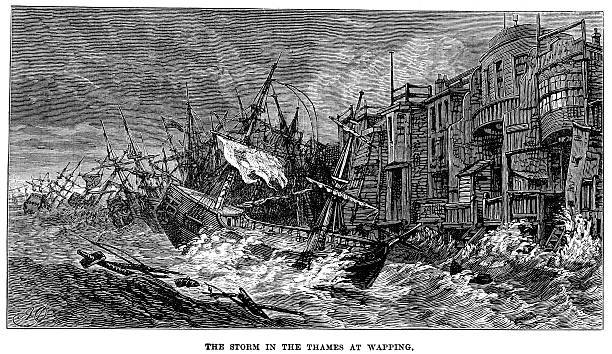 Storm in the Thames Vintage engraving showing ships being destroyed at anchor during a Storm on the Thames, Wapping, London, England sinking ship pictures pictures stock illustrations