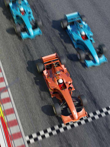 A red race car crossing the finish line followed by two blue cars. High resolution 3D render.
