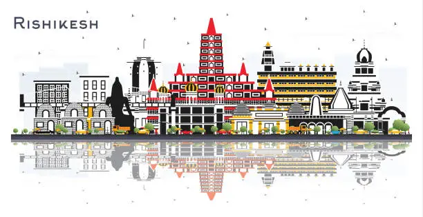 Vector illustration of Rishikesh India city skyline with color buildings and reflections isolated on white. Business and tourism concept with historic architecture. Rishikesh cityscape with landmarks.