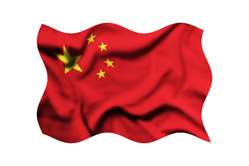 The flag of China blowing in the wind isolated on a white background. 3d rendering. Clipping path included