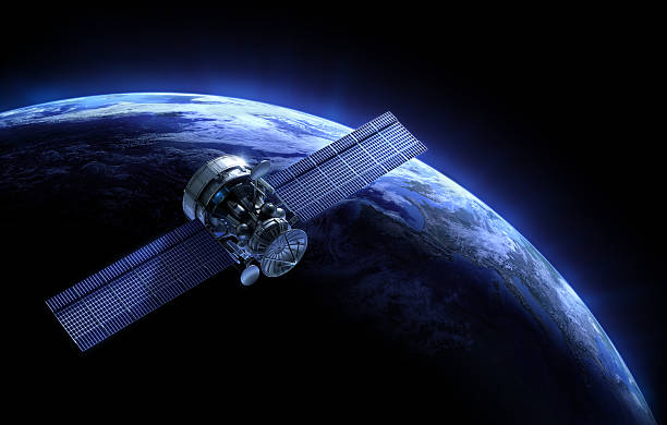 Satellite and planet high-quality 3d image of satellite orbiting stock pictures, royalty-free photos & images