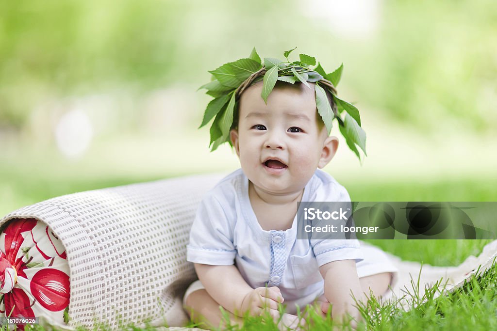 Jolie asiatique petit bébé garçon assis sur la pelouse - Photo de 0-11 mois libre de droits