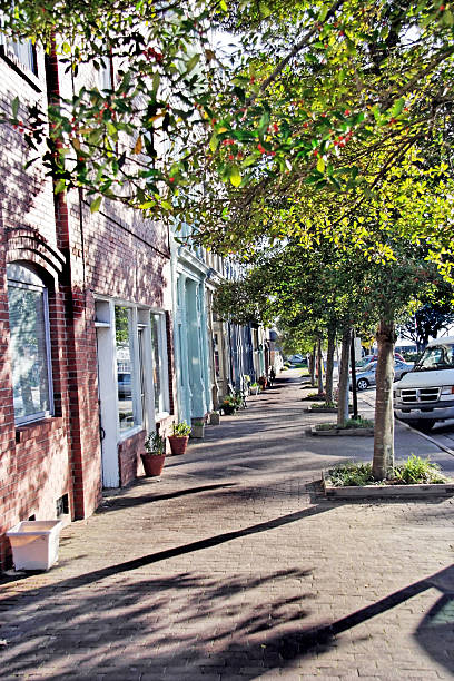 istock Small Town Brick Sidewalk Stores and Trees 181076766