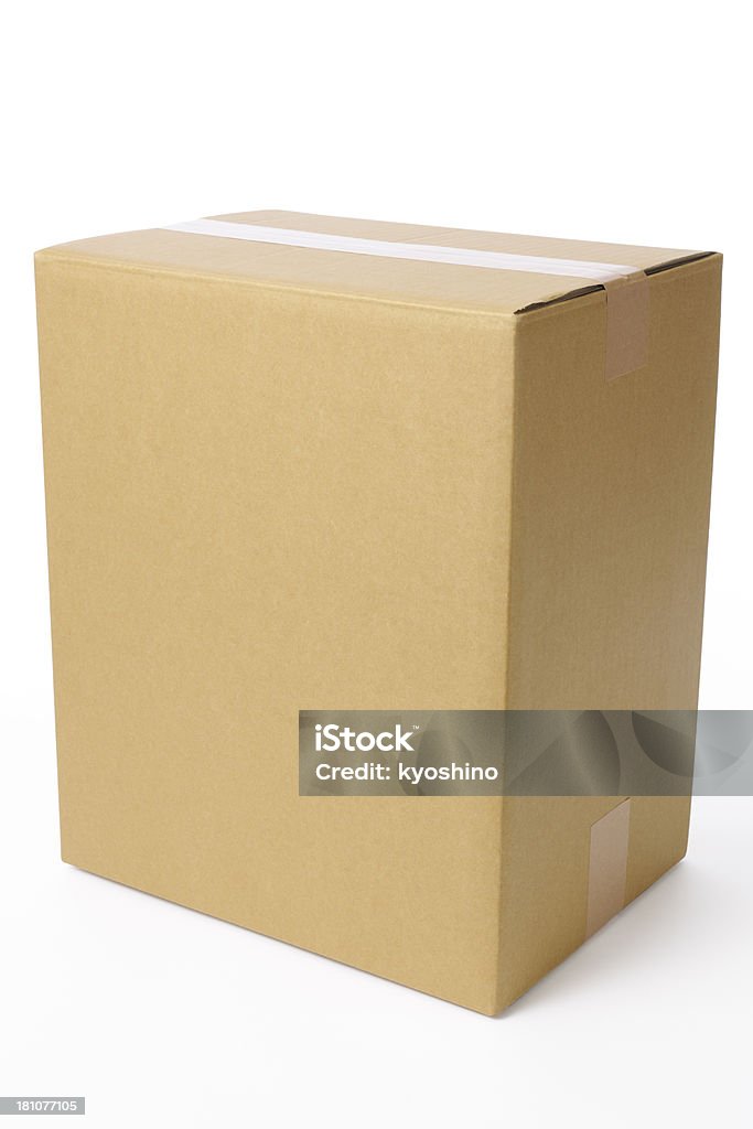 Isolato colpo di chiuso vuota scatola di cartone su sfondo bianco - Foto stock royalty-free di Nastro adesivo