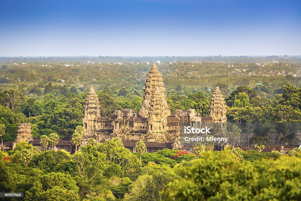 Angkor Thom Aerial View Cambodia View over the tropical forest towards the Angkor Thom Temple Complex. Angkor Thom, Siem Reap, Cambodia. Angkor Wat Stock Photo
