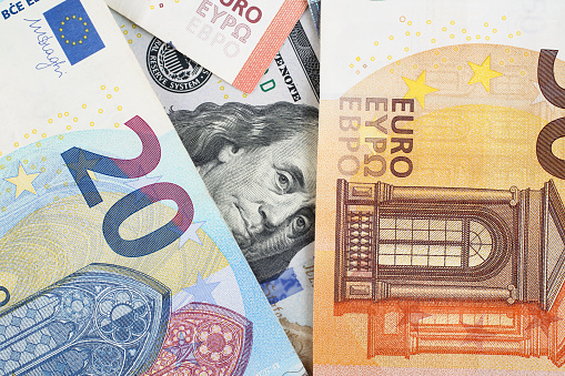 Closeup Euro on the background of a chart. Euro economy. 3d illustration