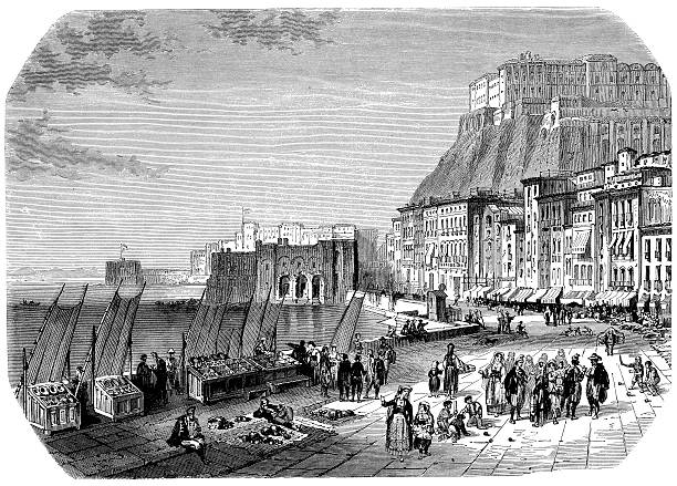 istock Antique illustration of Santa Lucia dock in Naples 181078489