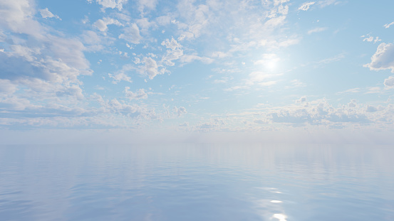 Ocean seascape background. Beautiful dramatic view of clouds over sea. Blur defocused blue sea background with sun rays and bokeh. Summer vacation concept