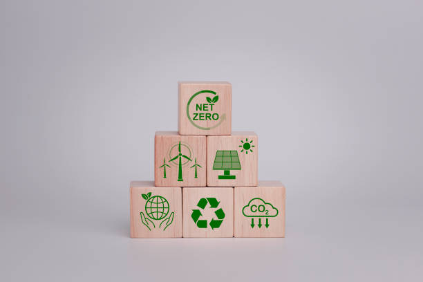 istock Net zero and carbon neutral concept. Net zero greenhouse gas emissions target. Climate neutral long term strategy. Wooden cubes with green net zero icon and green icon on white background. 1810794147