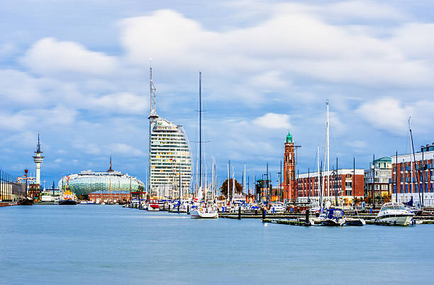 A view of the harbor of Bremerhaven  Panoramic view over the newly developed harbour area in Bremerhafen (Germany) on a clouded autumn day. lower saxony photos stock pictures, royalty-free photos & images