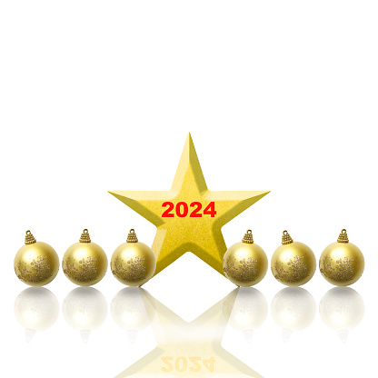 Row of gold Christmas ornaments with 2024 gold star on white background with copy space.