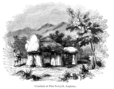 Vintage engraving of the Cromlech, Plas Newydd, Anglesey. Cromlech is a Brythonic word used to describe prehistoric megalithic structures