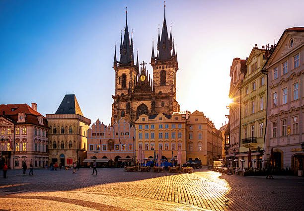 Old Town Square in Prague at sunrise Old town square in Prague, Czech Republic prague skyline panoramic scenics stock pictures, royalty-free photos & images