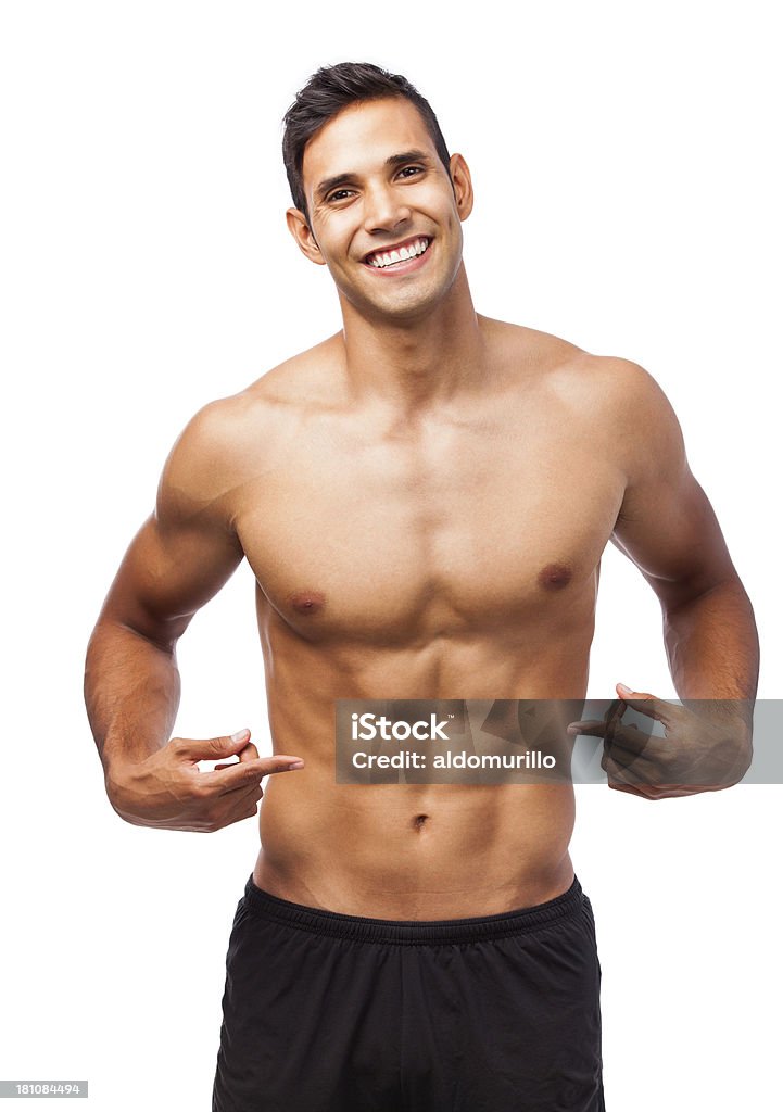 Glücklicher Mann zeigt Bauchmuskeln - Lizenzfrei Athlet Stock-Foto