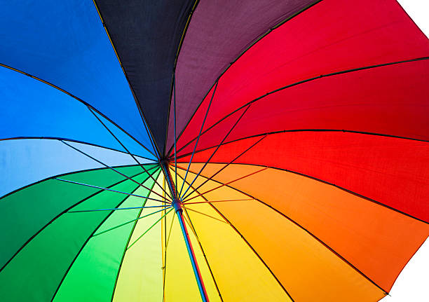 coloridos paraguas bajo - rainbow umbrella descriptive color multi colored fotografías e imágenes de stock