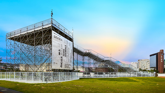 Seoul, South Korea: July 2, 2023: The 4th Biennale of Architecture and Urbanism, stainless steel stairs lead to a 12-meter high observatory for visitors to enjoy the breeze and scenery.