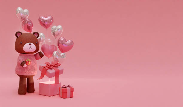 istock 3D rendering background, cute bear, heart balloons, gift box, suitable for Valentine's Day, weddings, birthdays, etc. 1810848921