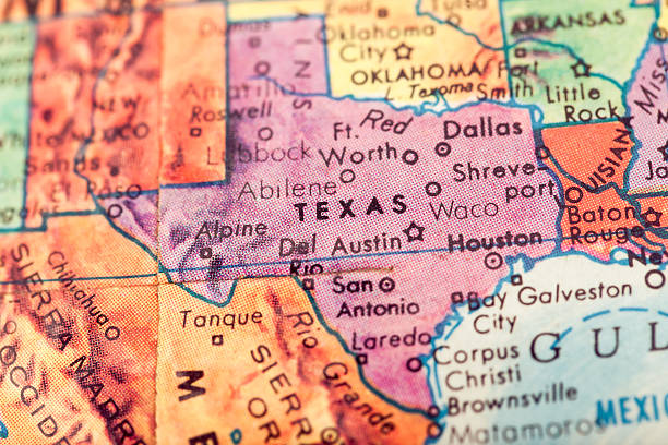 Travel The Globe Series - Texas Studying Geography - Texas on retro globe. corpus christi map stock pictures, royalty-free photos & images