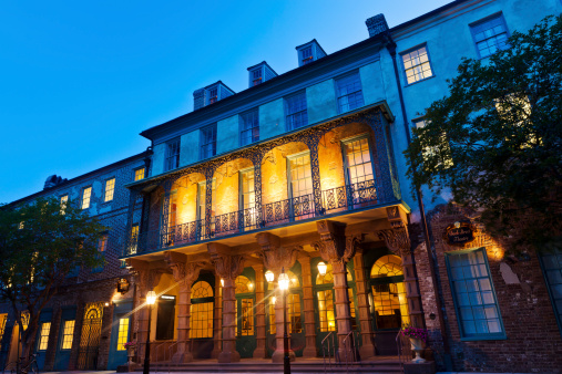 The Dock Street Theater In Charleston, South Carolina, USA Lit Up At Night.  The Dock Street Theater Dates Back To 1809 And Is In The City's French Quarter.