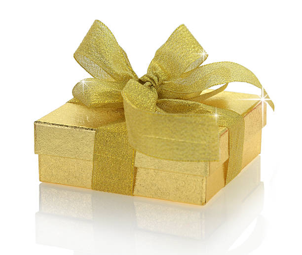 istock Golden gift box with ribbon isolated on white background 181086940