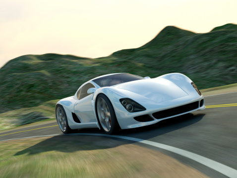 A sports car on an winding open country road. Very high resolution composite 3D render.