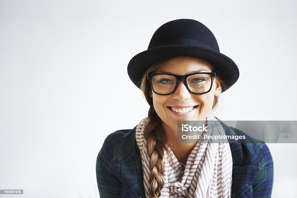 Young, trendy and confident Portrait of a smiling hipster girl with copyspace Eyeglasses Stock Photo
