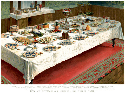 Vintage colour lithograph of a Victorian supper table laid out to entertain friends, 1883