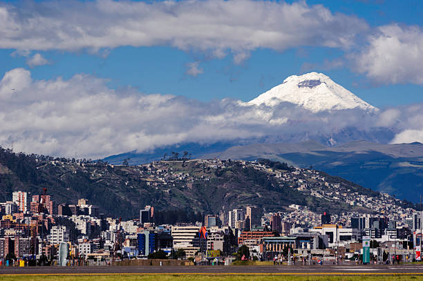 Landscape of Cotopaxi volcano with cityscape in front Cotopaxi Volcano View from Bicentennial Park (old airport Mariscal Sucre) in Quito-Ecuador cotopaxi photos stock pictures, royalty-free photos & images