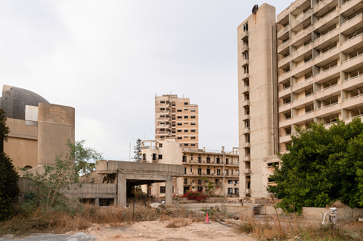 Buildings in the abandoned city Varosha in Famagusta, North Cyprus. The local name is Kapali Maras in Cyprus