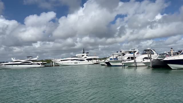 Haulover  Beach park with marina and parked yachts, Miami, USA